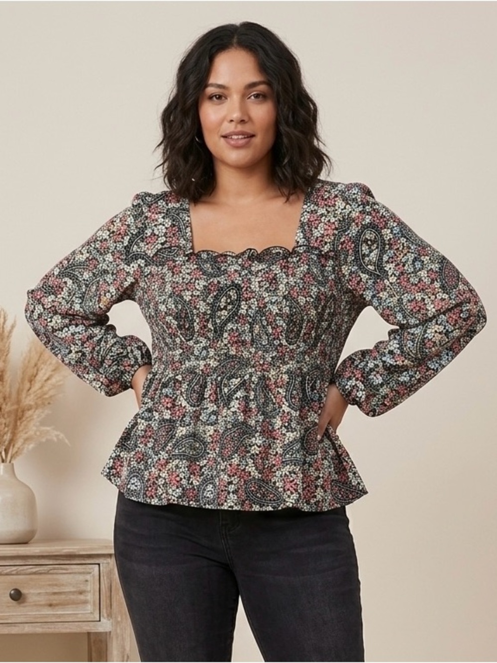 Jolie & Joy Smocked Square Neck Peplum Blouse XL Paisley Ditsy Floral Top